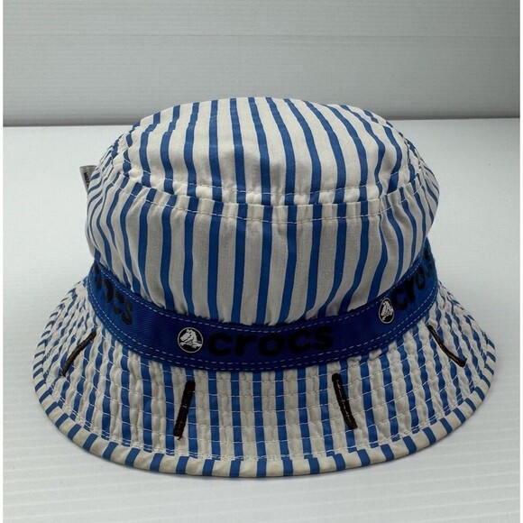 Crocs Reversible Bucket Hat Toddler Blue White Stripe Brown Logo Beach Sun - Picture 2 of 7